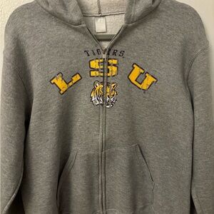 LSU Russell Athletic Women’s Grey Hoodie Size Large Front Pockets Distressed